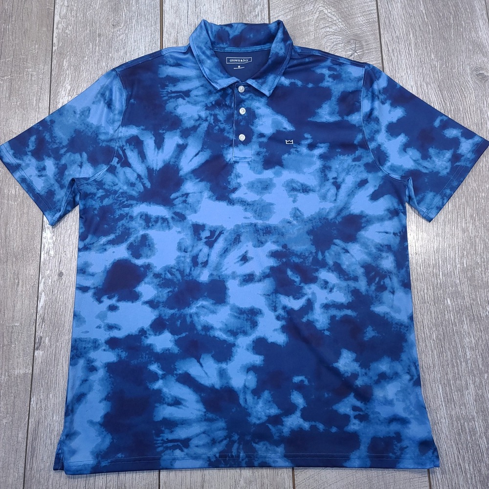 Crown & Ivy Polo Shirt Mens Medium Blue Tie Dye Performance Stretch Short Sleeve